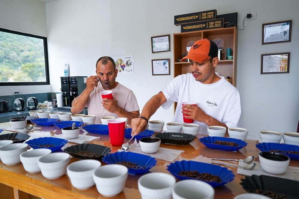 místními experty na při kontrole kávovníků na farmě v Kostarice